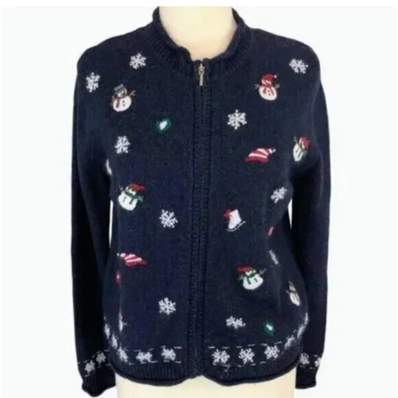 Vintage Croft & Barrow Snowman Wool Angora Embroidered Zip Cardigan Navy Size PM - Picture 9 of 9